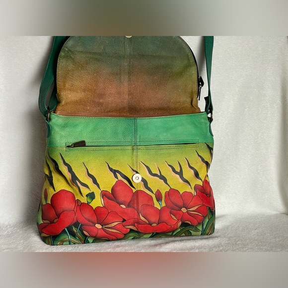 Anuschka hand-painted leather flap-over crossbody purse floral animal print - Picture 2 of 15